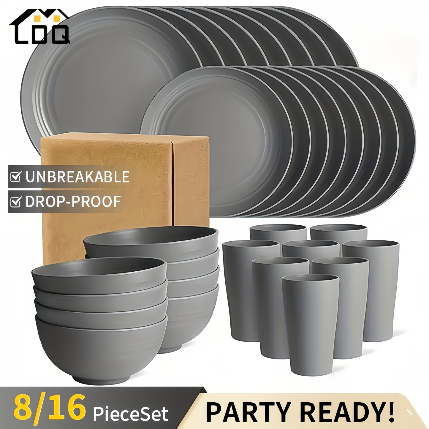 8/16pcs Grey Unbreakable High quality plastic Dinnerware Sets - Reusable, Lightweight, Microwave & Dishwasher Safe - 8pcs Plates, 4pcs Cups, 4pcs Bowls - for Camping, Picnics, RV, Dorm - Perfect Gift for Students & Outdoor En