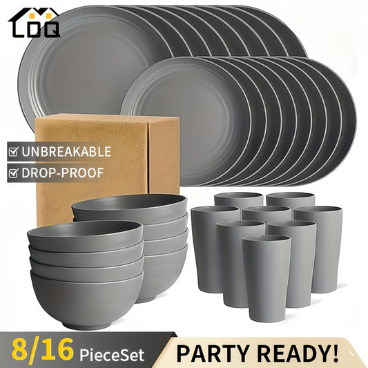 8/16pcs Grey Unbreakable High quality plastic Dinnerware Sets - Reusable, Lightweight, Microwave & Dishwasher Safe - 8pcs Plates, 4pcs Cups, 4pcs Bowls - for Camping, Picnics, RV, Dorm - Perfect Gift for Students & Outdoor En