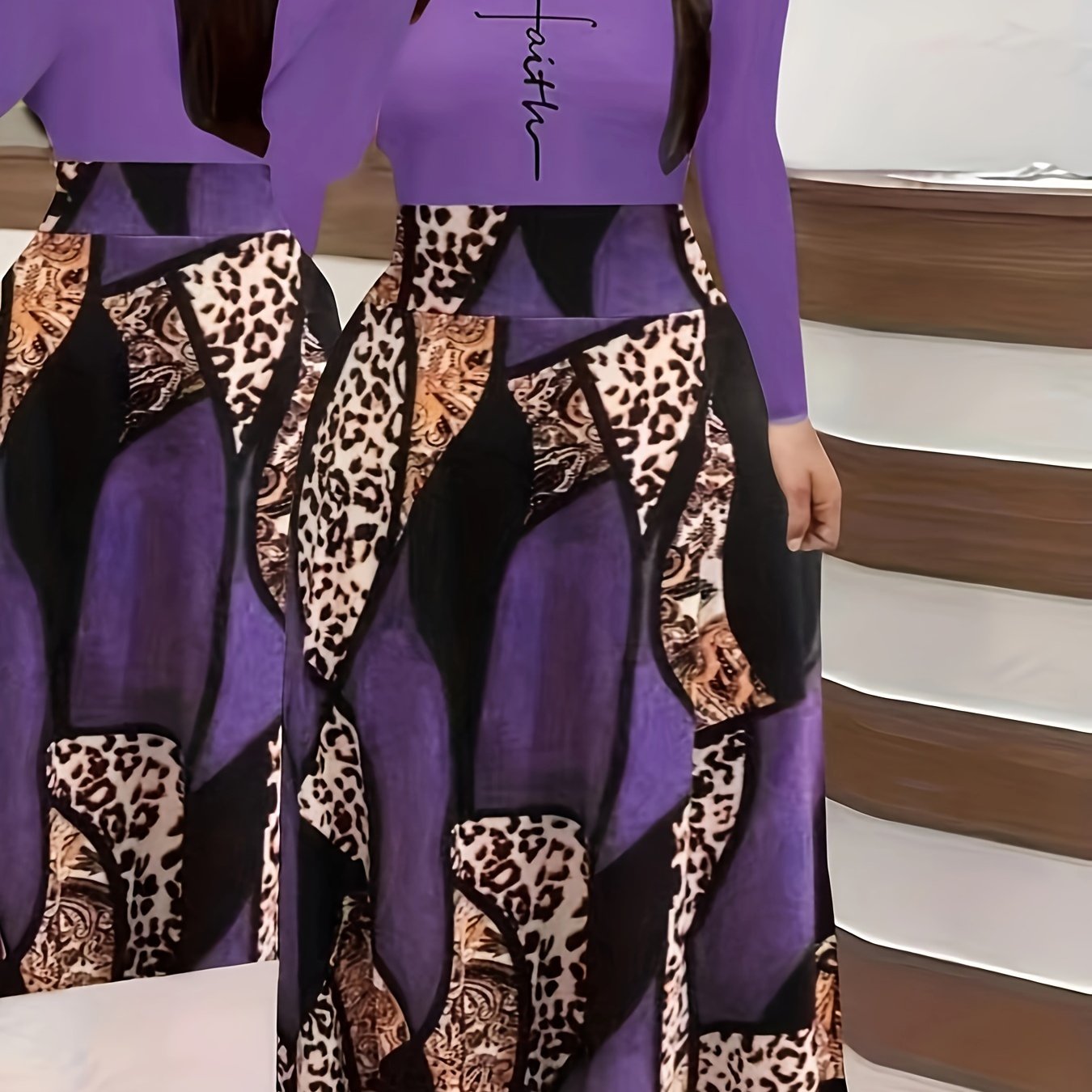 & Geo Print Dress, Casual Long Sleeve Ruffle Hem Slim Maxi Dress, Women's Clothing