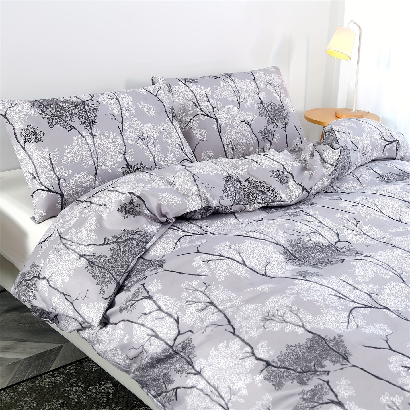 3pcs Botanical Floral Print Silver Gray Theme Bedding Set, Suitable for Bedroom, Guest Room, One Duvet Cover + Two Pillowcases, No Insert