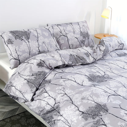 3pcs Botanical Floral Print Silver Gray Theme Bedding Set, Suitable for Bedroom, Guest Room, One Duvet Cover + Two Pillowcases, No Insert