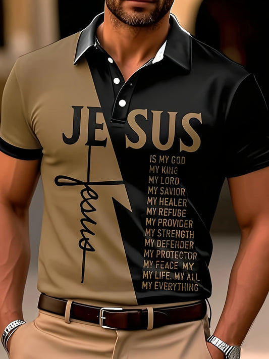 Men's Streetwear Shirt with Jesus Graphic Print & Faith-Inspired Slogans - Two-Tone Black & Beige Contrast, Breathable Summer Fabric, Machine Washable, Regular Fit Casual Top, Streetwear Fashion | Twotone | Comfortable Fit