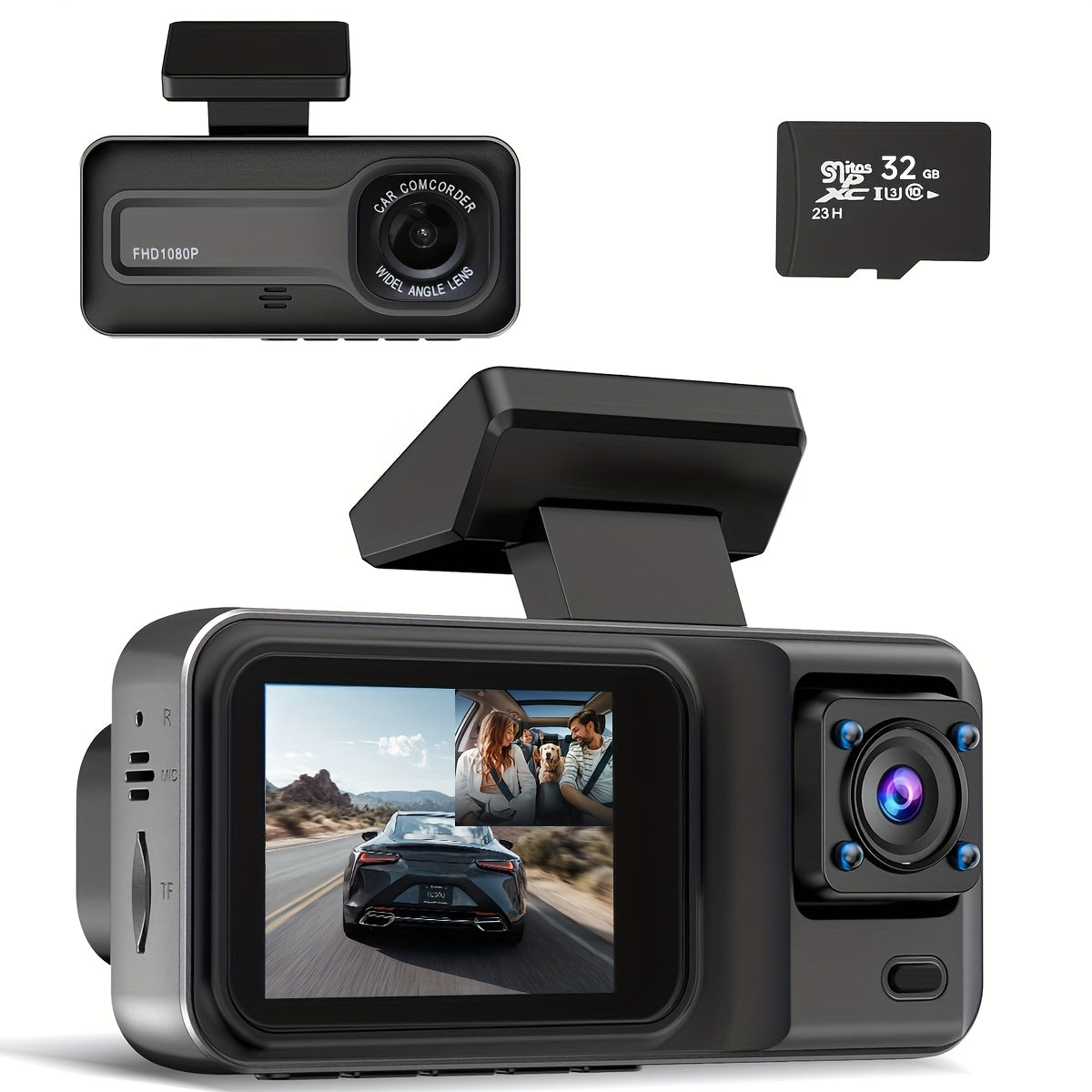 Car Dashcam with Dual Lens 1080P+720P HD Night Vision, WDR, Motion Detection, 140° Wide-Angle, Loop Recording, Parking Monitoring, Optional 32GB Card