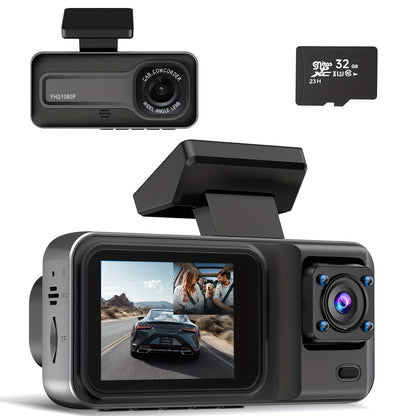 Car Dashcam with Dual Lens 1080P+720P HD Night Vision, WDR, Motion Detection, 140° Wide-Angle, Loop Recording, Parking Monitoring, Optional 32GB Card