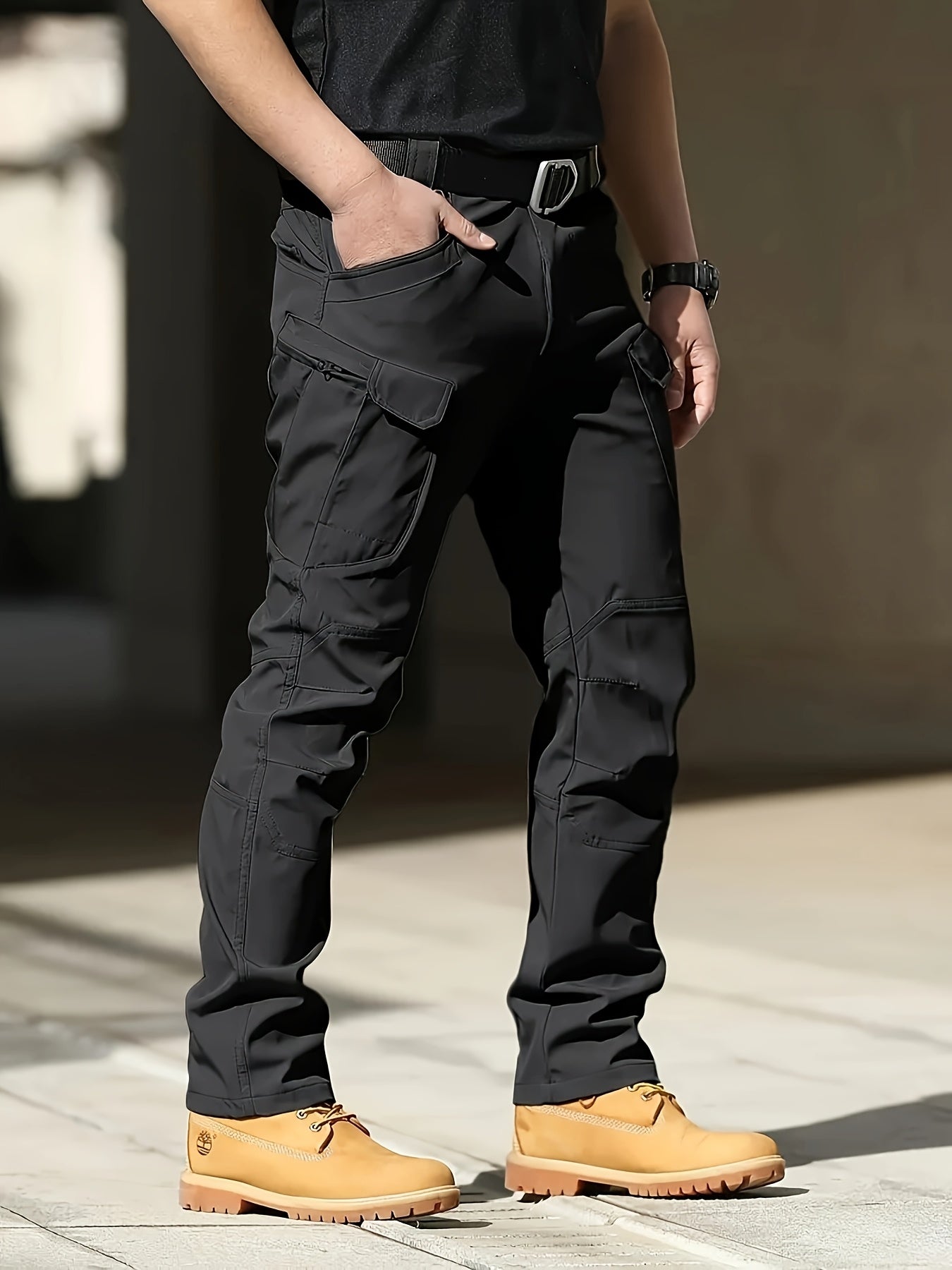 Men's Multi-Pocket Work Pants - Men's Outdoor Casual Tactical Trousers - 90.7% Polyester, 9.3% Spandex - Durable Fabric with Elastic Waist - Regular Fit, Machine Washable - Spring/Autumn Casual Attire Hiking Longs