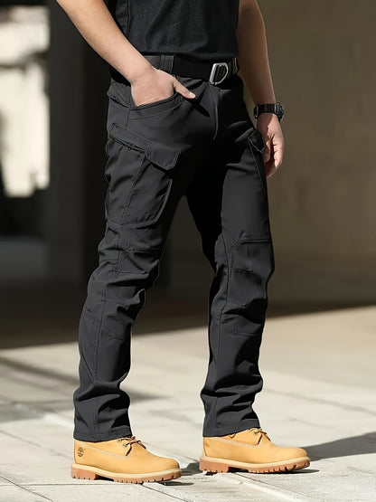 Men's Multi-Pocket Work Pants - Men's Outdoor Casual Tactical Trousers - 90.7% Polyester, 9.3% Spandex - Durable Fabric with Elastic Waist - Regular Fit, Machine Washable - Spring/Autumn Casual Attire Hiking Longs