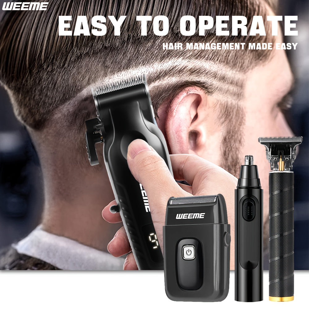 WEEME 4pcs Men'S Facial Grooming Kit: USB Fast Charging Electric Hair Clipper + T-Blade Trimmer + Shaver + Nose Hair Clipper for Shaving, Nose Hair Trimming, Carving Styling - LCD Battery Display - Perfect Gift for Father'S D