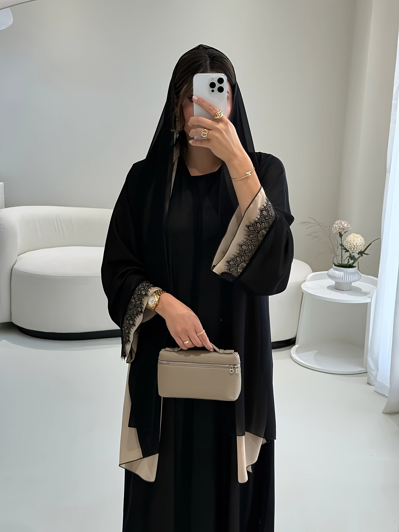3pcs Middle Eastern Traditional Abaya & Hijab Set - Elegant Long Sleeve Muslim Prayer Robes with Lace Trim, All-Season Wear, Loose Flowing Hem, Solid Black & White
