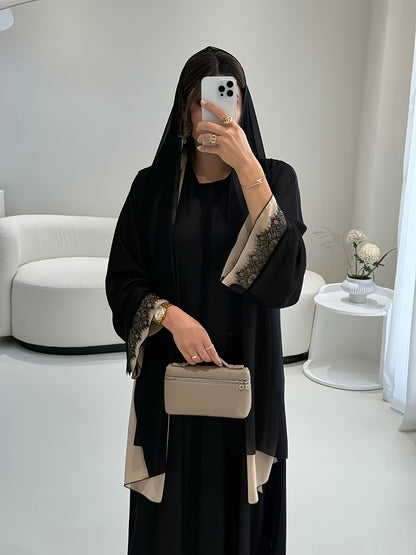 3pcs Middle Eastern Traditional Abaya & Hijab Set - Elegant Long Sleeve Muslim Prayer Robes with Lace Trim, All-Season Wear, Loose Flowing Hem, Solid Black & White