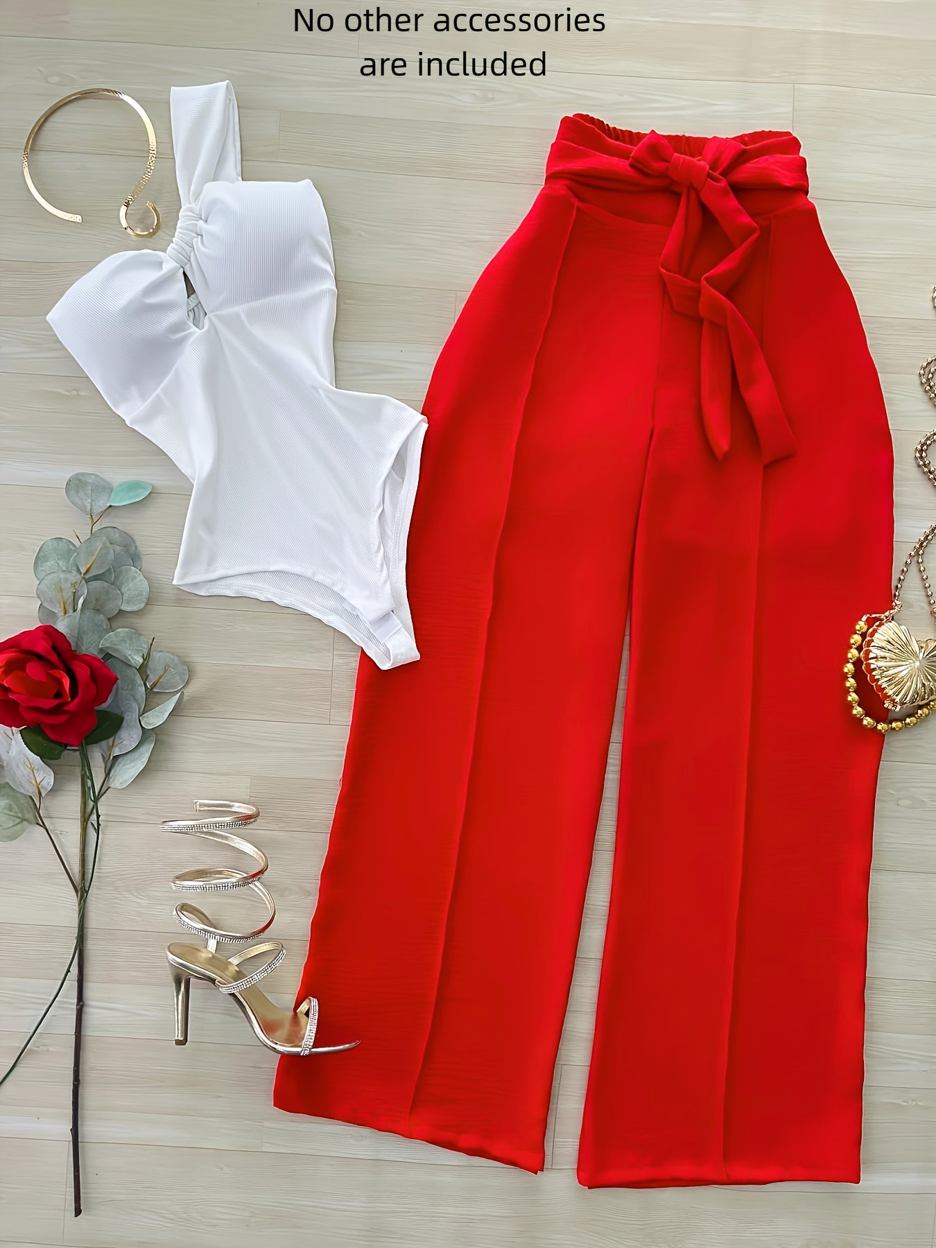 2pcs Set: White One-Shoulder Cinched Waist Bodysuit + Red Wide-Leg Pants with Tie | Elegant Solid Color, Sleeveless, Lace-Up Detail, Regular Fit for Spring/Summer