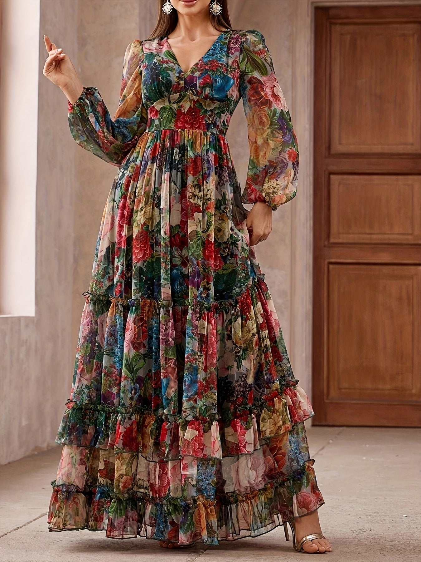 Women's Elegant Maxi Floral Print Chiffon Dress, V-Neck & Puff Sleeves, A-Line Long Formal/semi-formal gown, Pastel Pink, Blue, Green, Red, Purple, Orange, Yellow, White, Machine Washable, Spring/Summer/Fall Events, Parties,