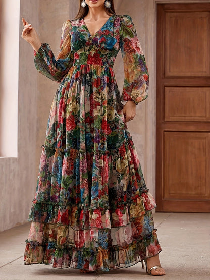 Women's Elegant Maxi Floral Print Chiffon Dress, V-Neck & Puff Sleeves, A-Line Long Formal/semi-formal gown, Pastel Pink, Blue, Green, Red, Purple, Orange, Yellow, White, Machine Washable, Spring/Summer/Fall Events, Parties,