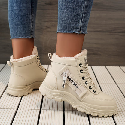 Women'S K2001 High-Top Winter Boots - Stylish White Lace-Up with Faux Fur Lining, Waterproof PVC Sole, Casual All-Season Footwear, Casual Winter Boots|Faux Fur Lined Boots|Laceup Boots
