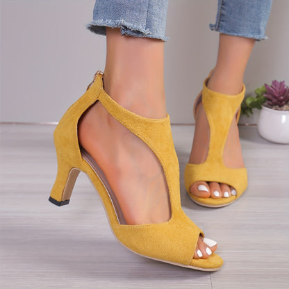 Chic Womens Peep Toe High Heel Sandals - Stylish T-strap, Comfortable Chunky Heel, Zipper Closure - Timeless Black for Versatile Wear