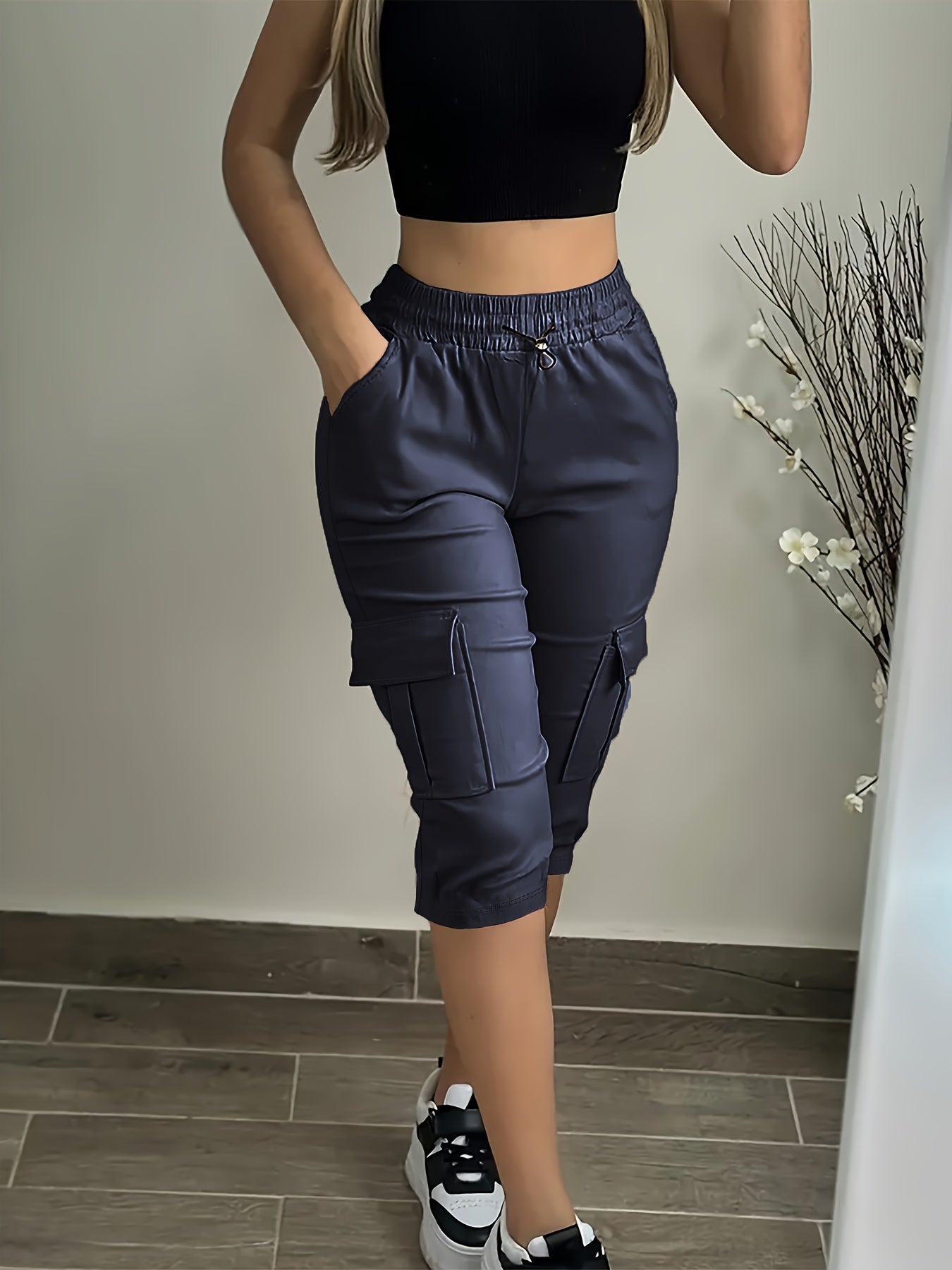 Women's Plus Size Cargo Capri Pants with Elastic Waistband & Side Pockets - Lightweight Polyester, Casual Spring/Summer Outdoor Wear, Beige, Capri Leggings