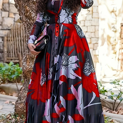 Women's Elegant Floral Print Button-Front Long Dress with V-Neck & Ruching - Machine Washable All-Season Versatile Casual to Formal Wear, Floral Print Dress, Formal Attire, Ruched Skirt Style, Nontransparent Fabric