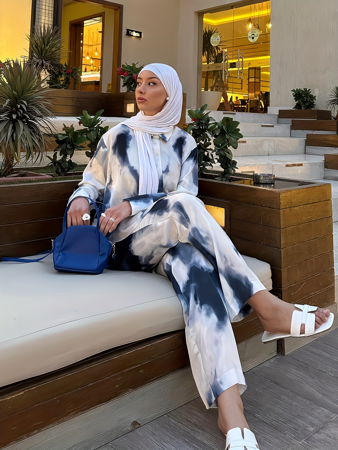 2pcs Women's Elegant Arabic-Inspired Abaya Set - Long Sleeve Shirt & Pants with White & Black Gradient Print, Structured Button-Up Outfit, Machine Washable All-Season Muslim Women's Clothing for Casual & Formal Events, Fancy