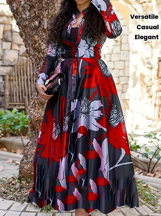 Women's Elegant Floral Print Button-Front Long Dress with V-Neck & Ruching - Machine Washable All-Season Versatile Casual to Formal Wear, Floral Print Dress, Formal Attire, Ruched Skirt Style, Nontransparent Fabric