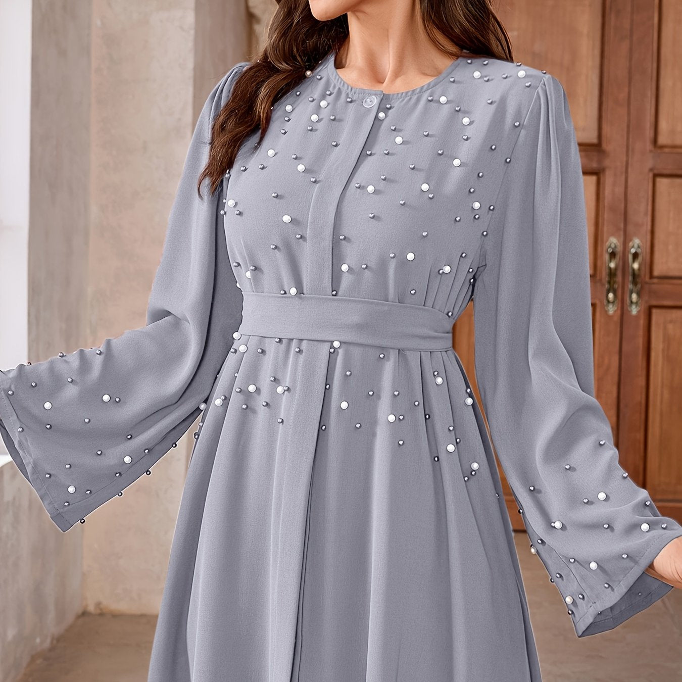 Elegant Navy Blue Abaya with Pearl Embellishments and Belt - Long Sleeve, Floor-Length Dress for Women, Perfect for Formal Occasions, Formal Attire|Elegant Abaya|Pearl Embellishments