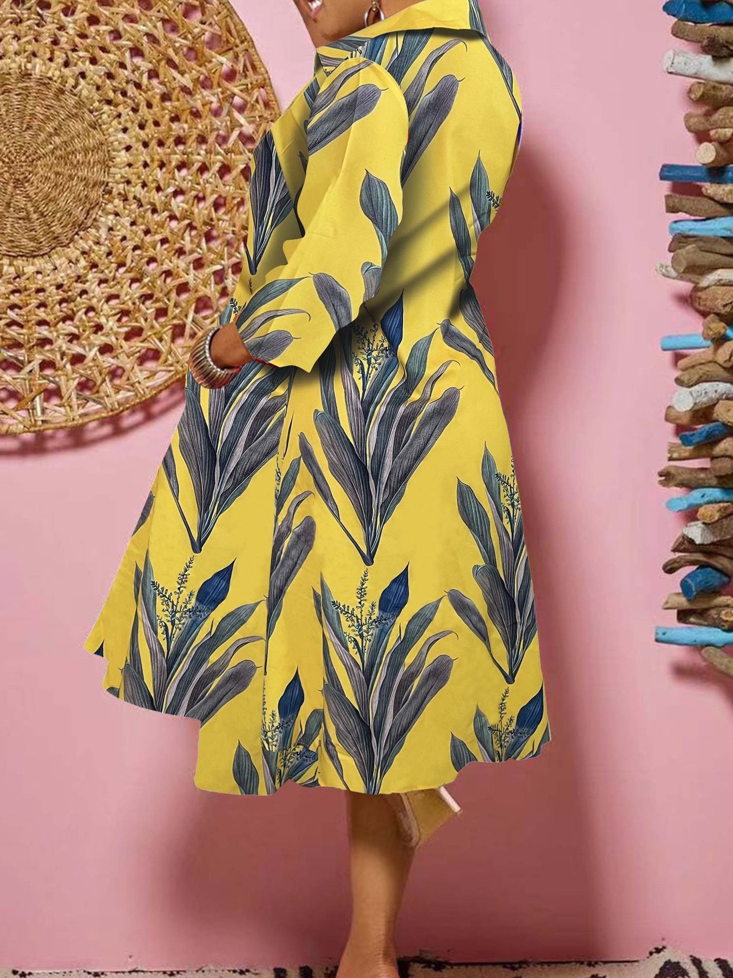 Leaf Print Half Button Dress, Casual 3/4 Sleeve Trapeze Dress For Spring & Fall, Women's Clothing