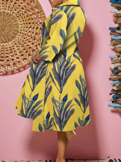 Leaf Print Half Button Dress, Casual 3/4 Sleeve Trapeze Dress For Spring & Fall, Women's Clothing