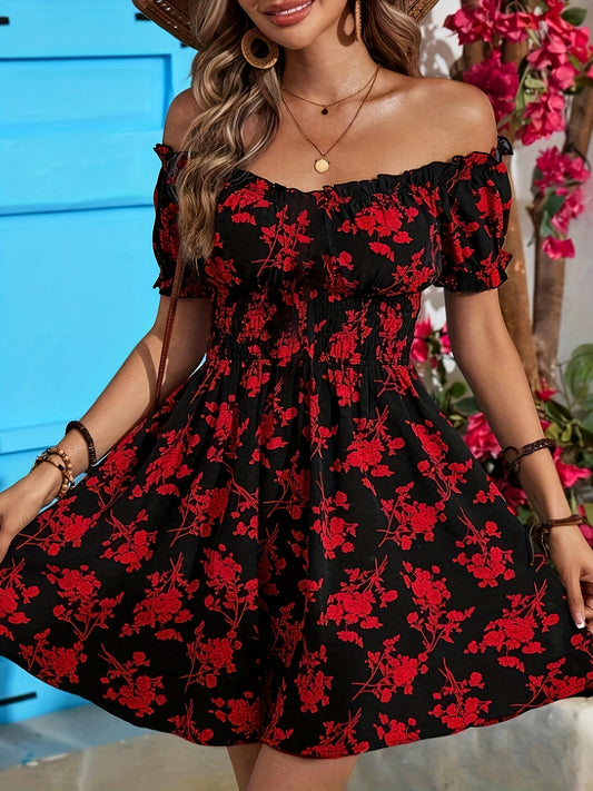 Women's Elegant Off-Shoulder Floral Print Dress - Black with Red Flowers, Short Sleeve Ruffled Neckline & Waist Smocking Detail, Machine Washable All-Season Party & Casual Wear, Cute Dress, No Stretch Fabric