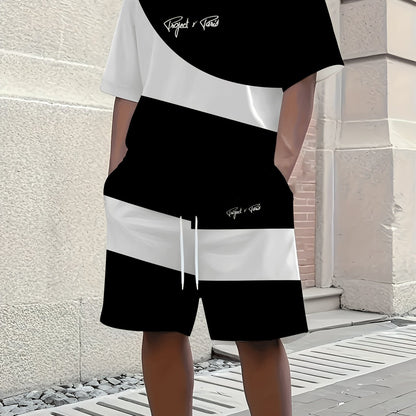 1 set of 2pcs 3D letter print stylish three-color Men's summer fresh T-shirt and shorts set, made from stretchy polyester knit fabric, regular fit, suitable for outdoor activities and family gatherings