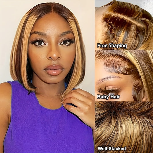 Highlight 4/27 Bob Wig Human Hair 13x4 Lace Front Wig Straight Hair Pre Plucked with Baby Hair 4/27 Honey Blonde Bob Wig for Women Glueless Straight Bob Wig 25.4 cm