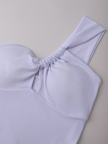 2pcs Set: White One-Shoulder Cinched Waist Bodysuit + Red Wide-Leg Pants with Tie | Elegant Solid Color, Sleeveless, Lace-Up Detail, Regular Fit for Spring/Summer