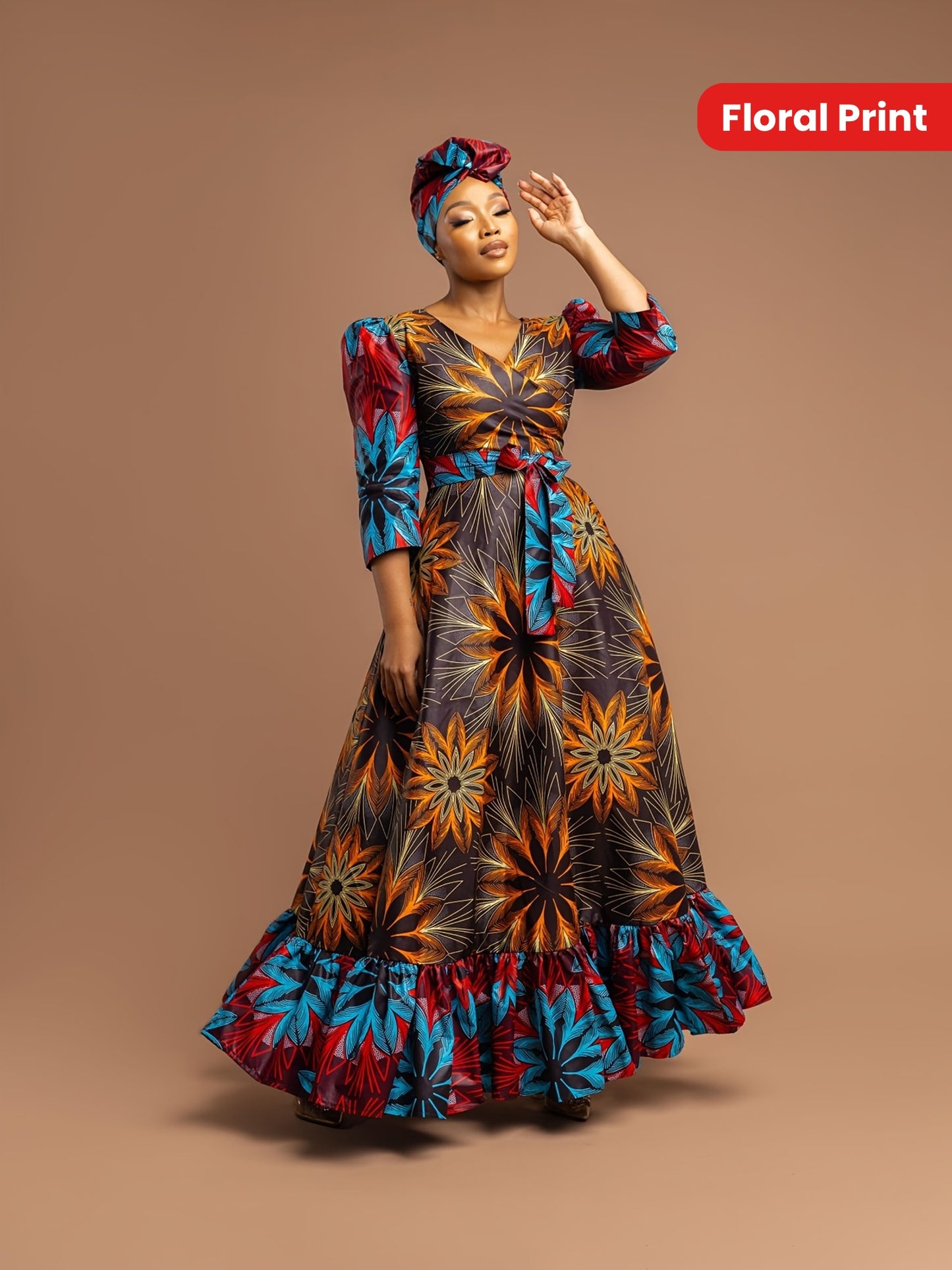 [Plus Size Floral Dress] Vibrant Plus Size Women's Floral Print Maxi Dress | Machine Washable, Fitted Long Sleeve, Front Bow Tie Waist | Spring/Fall, Ditsy Floral Print, Stylish Ruffle Detailing, Blue Red Yellow Orange Black