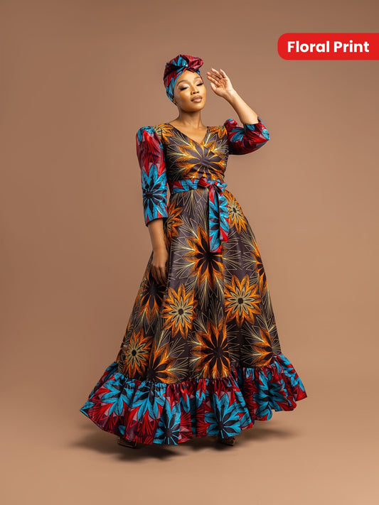 [Plus Size Floral Dress] Vibrant Plus Size Women's Floral Print Maxi Dress | Machine Washable, Fitted Long Sleeve, Front Bow Tie Waist | Spring/Fall, Ditsy Floral Print, Stylish Ruffle Detailing, Blue Red Yellow Orange Black