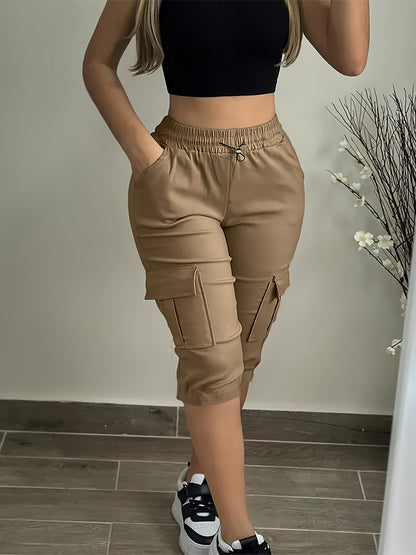 Women's Plus Size Cargo Capri Pants with Elastic Waistband & Side Pockets - Lightweight Polyester, Casual Spring/Summer Outdoor Wear, Beige, Capri Leggings