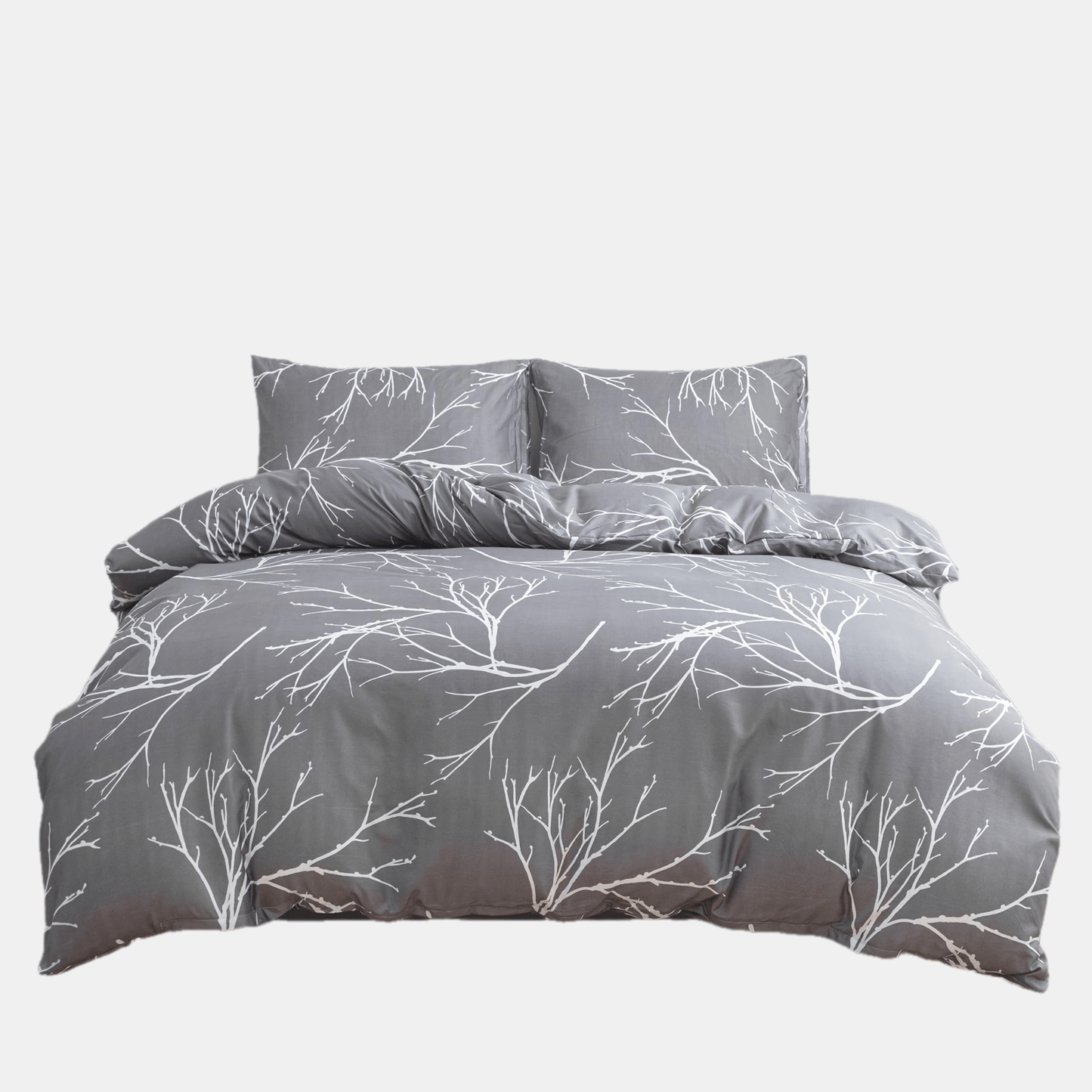 100% Polyester Printed Duvet Cover Set + Pillowcase 3pcs Set Lien White Branch Leaf Floral Print, 2*Pillowcases, 1*Duvet Cover, Unfilled, Grey Bedding, Ultra Soft Breathable Comfortable Polyester Material, Suitable for All Se