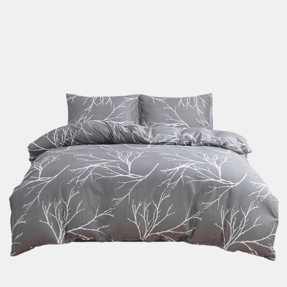 100% Polyester Printed Duvet Cover Set + Pillowcase 3pcs Set Lien White Branch Leaf Floral Print, 2*Pillowcases, 1*Duvet Cover, Unfilled, Grey Bedding, Ultra Soft Breathable Comfortable Polyester Material, Suitable for All Se