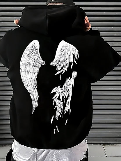Men'S Cozy Fleece-Lined Hoodie with Angel Wings Print - Black Casual Sporty Sweatshirt, Loose Fit, Front Pocket, Perfect for Fall & Winter, Winter Apparel | Angelic Design | Durable Fabric