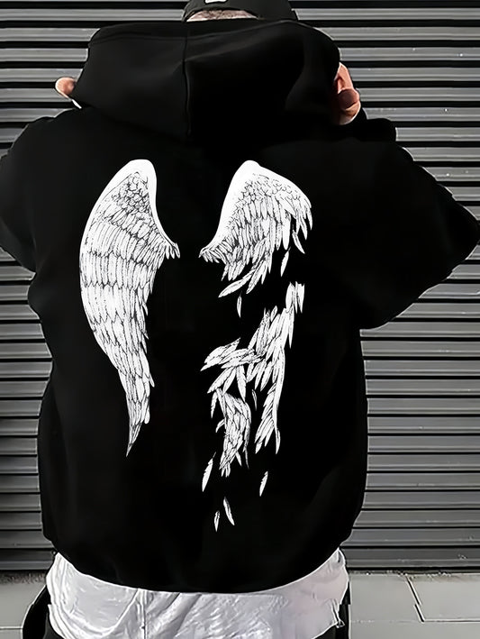 Men'S Cozy Fleece-Lined Hoodie with Angel Wings Print - Black Casual Sporty Sweatshirt, Loose Fit, Front Pocket, Perfect for Fall & Winter, Winter Apparel | Angelic Design | Durable Fabric