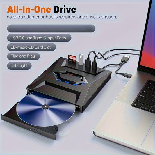 Portable External Drive with USB 3.0 & Type-C - High-Speed DVD/CD Burner & Player for Windows XP/7/8/10, Linux, MacOS - Multi-Device Compatible, Sleek Compact Design