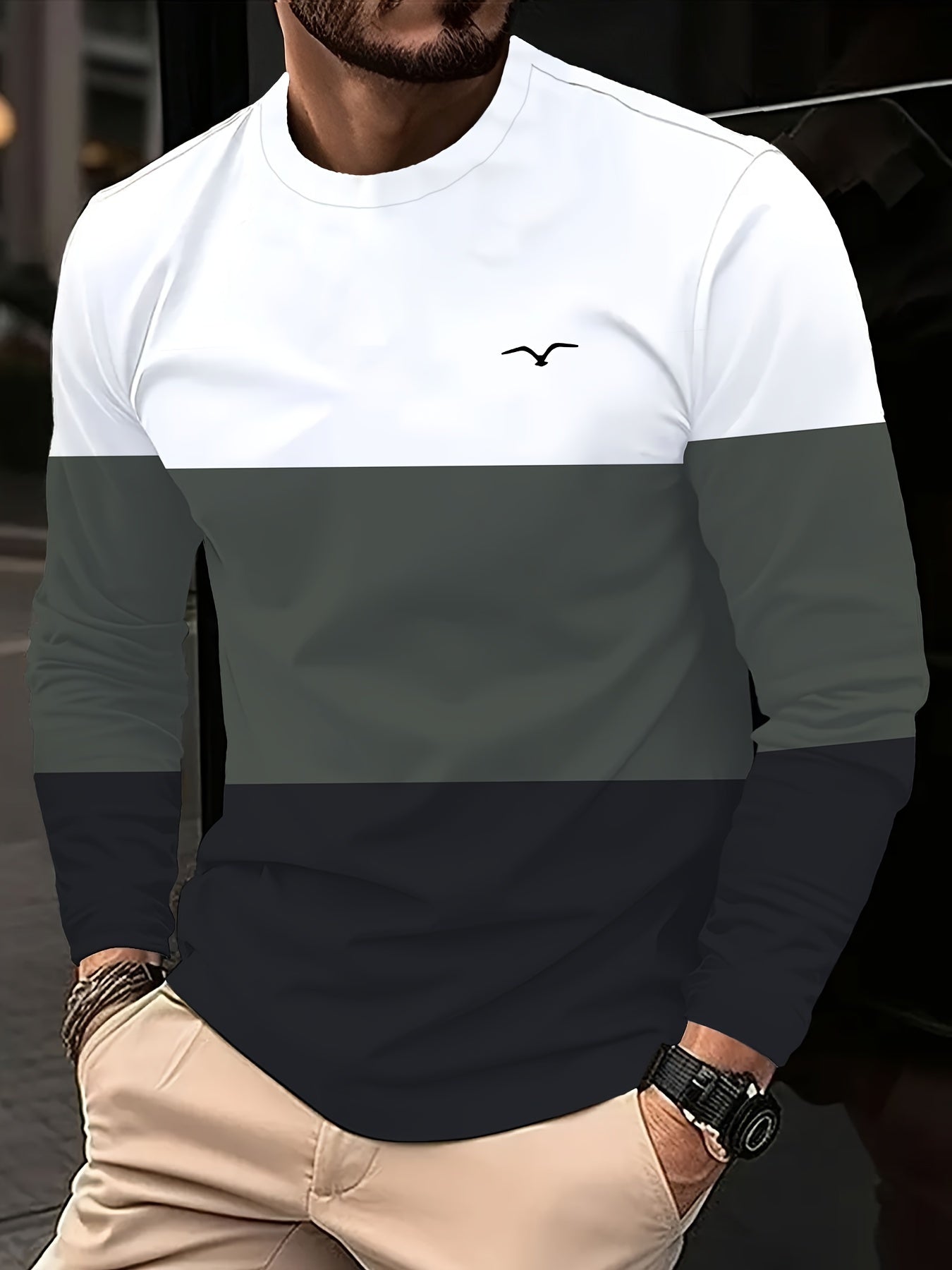 Men's Casual Color Block Long Sleeve T-Shirt, Crew Neck, Polyester Knit Fabric with Slight Stretch, Simple Random Print Design, Regular Fit Sports Base Layer Tops