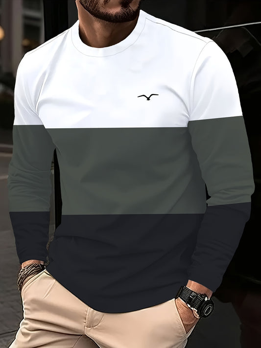 Men's Casual Color Block Long Sleeve T-Shirt, Crew Neck, Polyester Knit Fabric with Slight Stretch, Simple Random Print Design, Regular Fit Sports Base Layer Tops