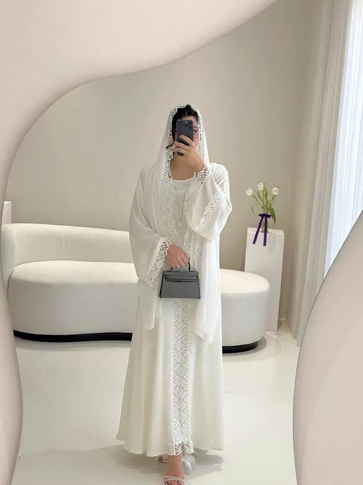 2pcs Elegant Traditional Abaya with Lace Trim and Sleeveless Vest Skirt Set, Headscarf, Long Sleeve, Solid Color, All-Season Wear, No Belt, for Ramadan, Cultural Attire|Elegant Abaya|Lace Trim Abaya, Gulf Abaya For Women Eleg
