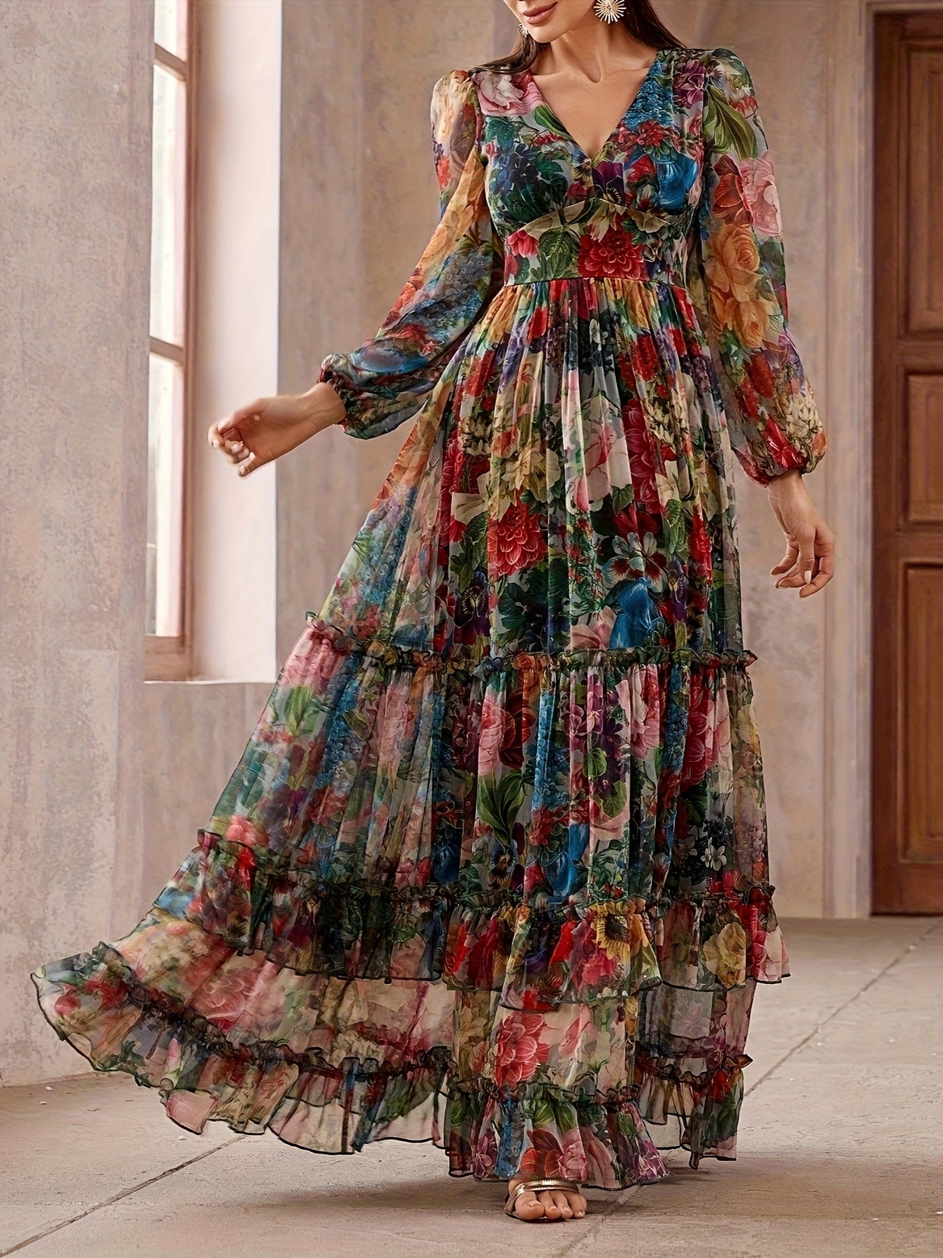 Women's Elegant Maxi Floral Print Chiffon Dress, V-Neck & Puff Sleeves, A-Line Long Formal/semi-formal gown, Pastel Pink, Blue, Green, Red, Purple, Orange, Yellow, White, Machine Washable, Spring/Summer/Fall Events, Parties,