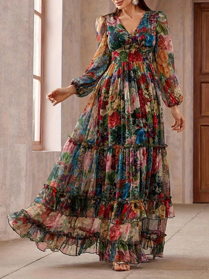 Women's Elegant Maxi Floral Print Chiffon Dress, V-Neck & Puff Sleeves, A-Line Long Formal/semi-formal gown, Pastel Pink, Blue, Green, Red, Purple, Orange, Yellow, White, Machine Washable, Spring/Summer/Fall Events, Parties,
