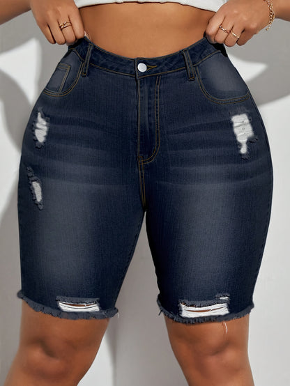 Women&apos;s Plus Size Dark Washed Denim Shorts - Stretchy Slim Fit Casual Shorts with Button Closure, Machine Washable for Spring/Summer