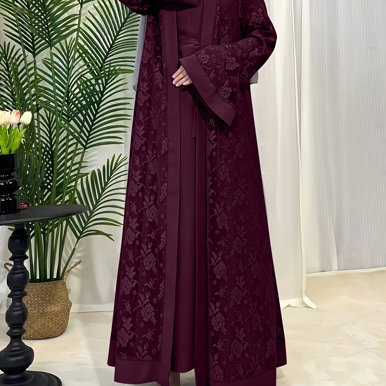 Elegant Black Lace Abaya with Contrast Lace Trim - Long Sleeve, Floor-Length, Belted, All-Season Wear, Traditional Middle Eastern Attire for Women, Cultural Attire|Elegant Abaya|Lace Trim Abaya