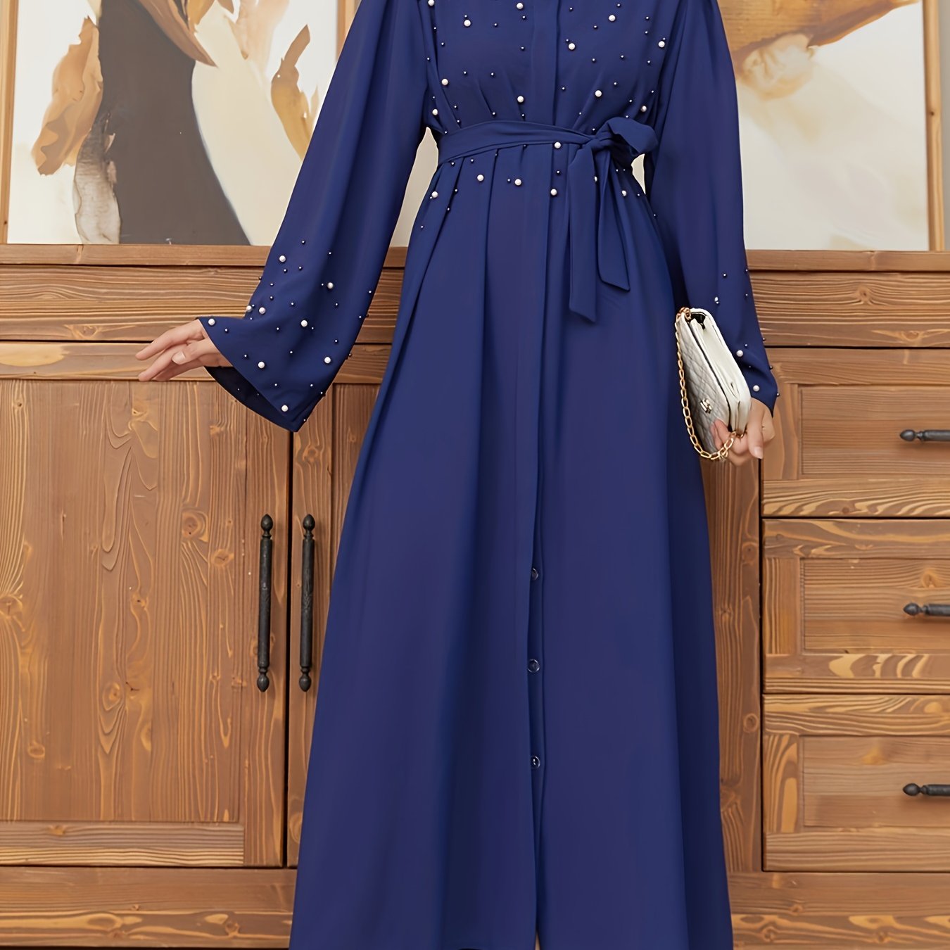 Elegant Navy Blue Abaya with Pearl Embellishments and Belt - Long Sleeve, Floor-Length Dress for Women, Perfect for Formal Occasions, Formal Attire|Elegant Abaya|Pearl Embellishments