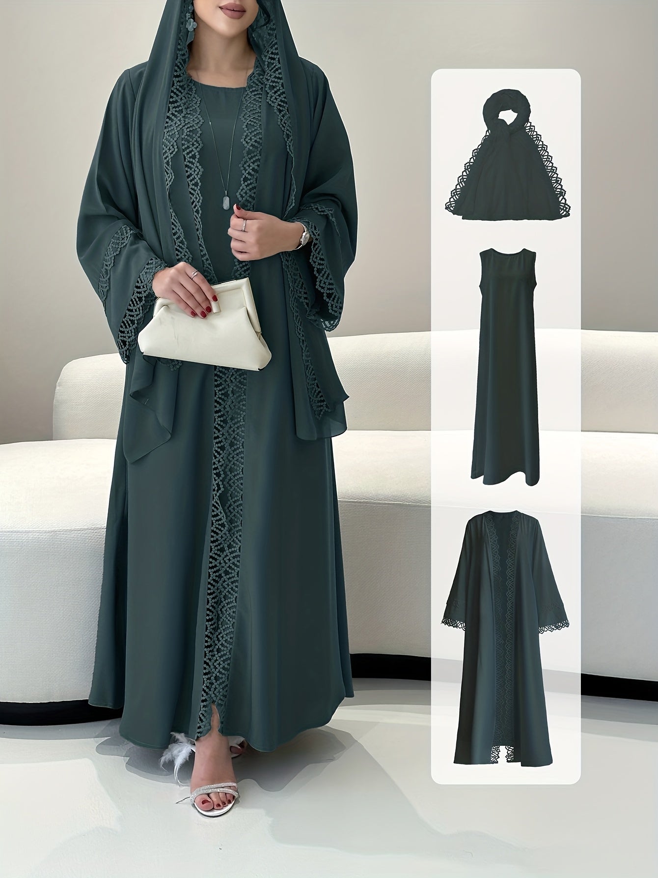 2pcs Elegant Traditional Abaya with Lace Trim and Sleeveless Vest Skirt Set, Headscarf, Long Sleeve, Solid Color, All-Season Wear, No Belt, for Ramadan, Cultural Attire|Elegant Abaya|Lace Trim Abaya, Gulf Abaya For Women Eleg