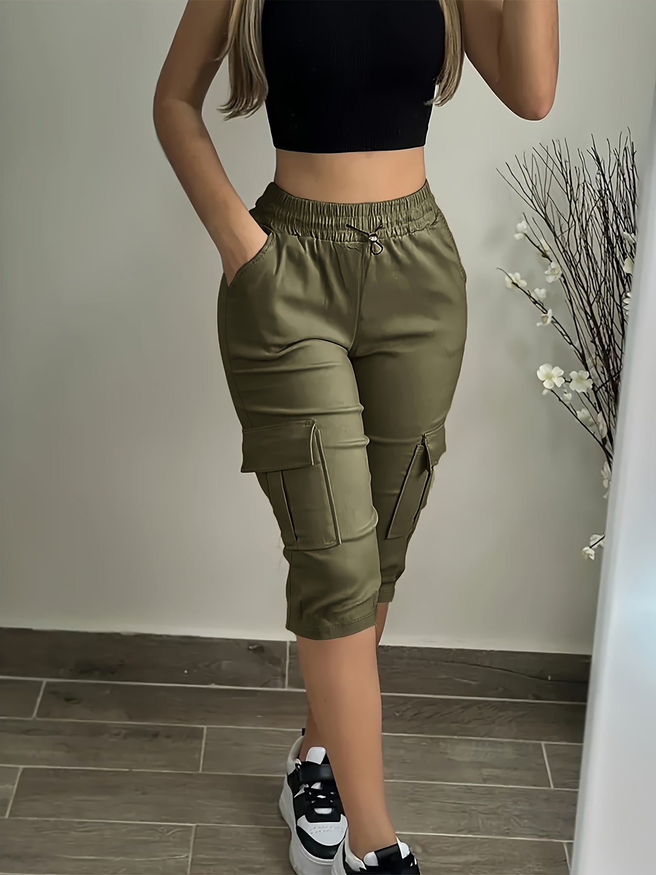 Women's Plus Size Cargo Capri Pants with Elastic Waistband & Side Pockets - Lightweight Polyester, Casual Spring/Summer Outdoor Wear, Beige, Capri Leggings