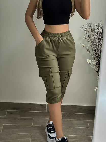 Women's Plus Size Cargo Capri Pants with Elastic Waistband & Side Pockets - Lightweight Polyester, Casual Spring/Summer Outdoor Wear, Beige, Capri Leggings