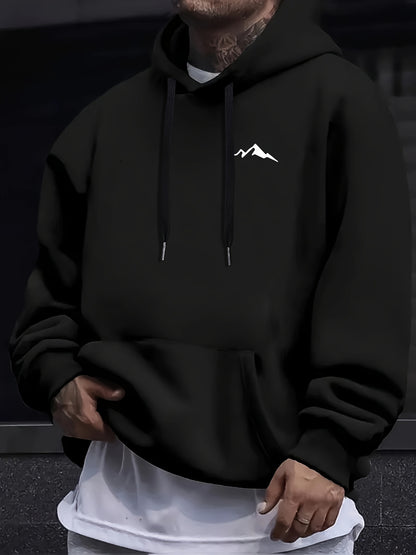 Men'S Casual Polyester Hoodie with Mountain Icon Print, Long Sleeve Hooded Sweatshirt, Trendy All-Season Knit Fabric Top with Drawstring, Regular Fit - 100% Polyester, 190g/m²