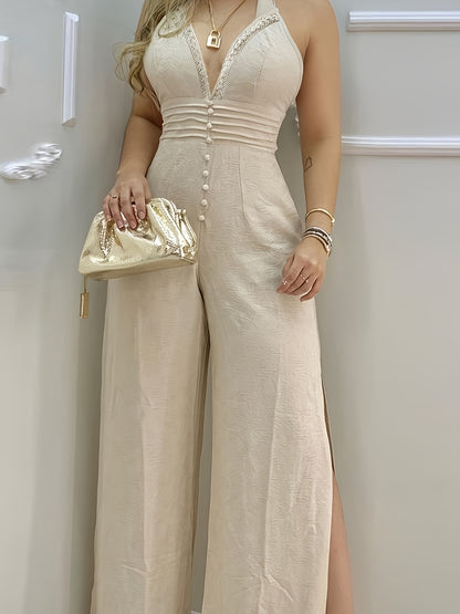 2025 Summer French-Inspired Halter Neck Lace Trim Open Back Jumpsuit with Side Slit - Sexy Elegant Solid Color Women'S Jumpsuit for Daily Commute & Parties, Party Attire, Sophisticated Detailing
